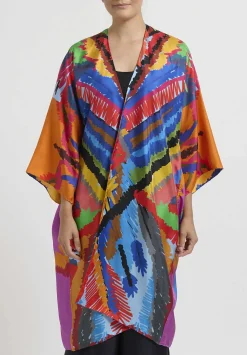 Rianna + Nina Abstract Printed Light Weight Silk Kimono In Orange