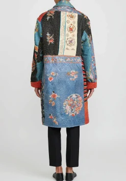By Walid Antique Embroidered Chinese Silk Rufus Coat In Celeste Blue & Black