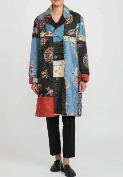By Walid Antique Embroidered Chinese Silk Rufus Coat In Celeste Blue & Black