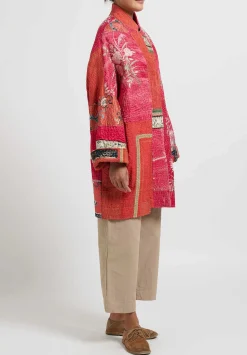 By Walid Antique Embroidered Silk Basma Coat In Red Raspberry & Peacock