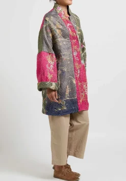 By Walid Antique Embroidered Silk Basma Coat In Red Indigo & Peacock