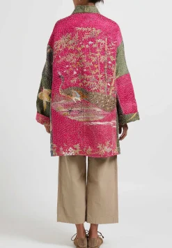 By Walid Antique Embroidered Silk Basma Coat In Red Indigo & Peacock