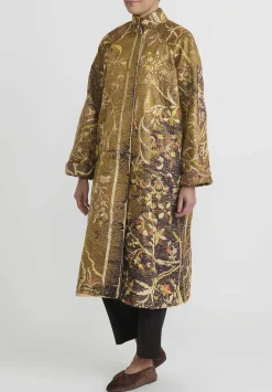 By Walid Antique Silk Chinese Panel Sylvia Coat In Brown And Peach
