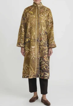 By Walid Antique Silk Chinese Panel Sylvia Coat In Brown And Peach
