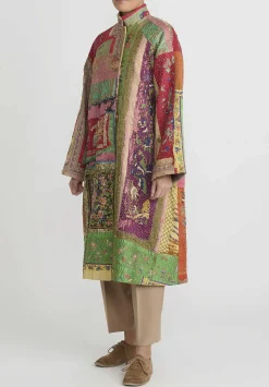 By Walid Antique Silk Chinese Panel Sylvia Coat In Red & Green Multicolor