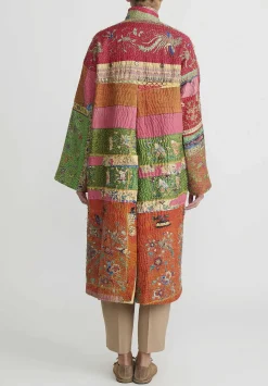 By Walid Antique Silk Chinese Panel Sylvia Coat In Red & Green Multicolor
