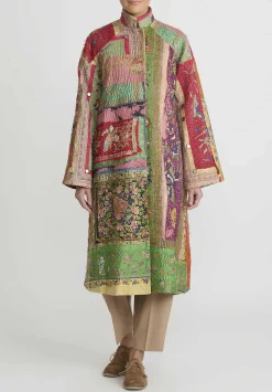 By Walid Antique Silk Chinese Panel Sylvia Coat In Red & Green Multicolor