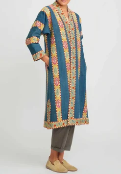 Mehmet Cetinkaya Antique Silk Embroidered Uzbek Chapan Robe In Blue &Yellow