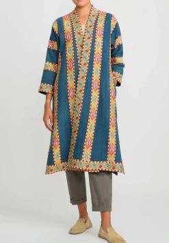 Mehmet Cetinkaya Antique Silk Embroidered Uzbek Chapan Robe In Blue &Yellow