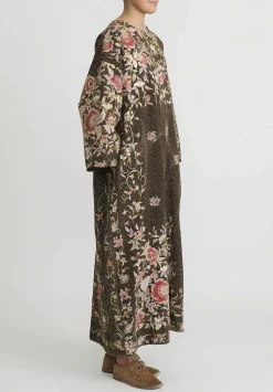 By Walid Antique Silk Piano Shawl Oversized Dress In Brown & Pink Roses