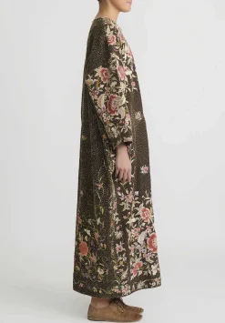 By Walid Antique Silk Piano Shawl Oversized Dress In Brown & Pink Roses