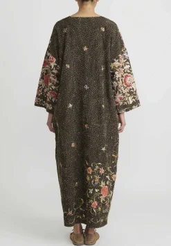 By Walid Antique Silk Piano Shawl Oversized Dress In Brown & Pink Roses