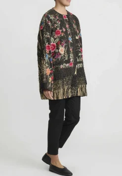 By Walid Antique Silk Piano Shawl Jackie Jacket In Black And Pink Rose