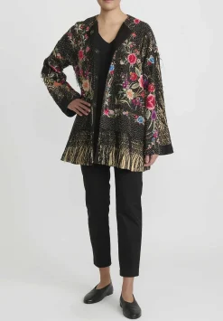 By Walid Antique Silk Piano Shawl Jackie Jacket In Black And Pink Rose