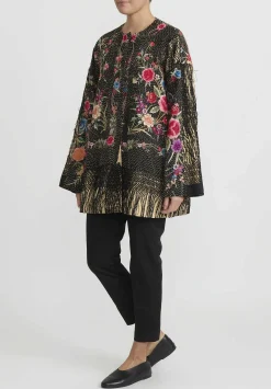 By Walid Antique Silk Piano Shawl Jackie Jacket In Black And Pink Rose