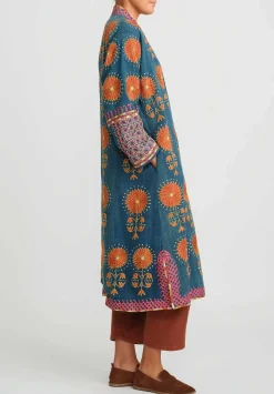 Mehmet Cetinkaya Antique Uzbek Silk Embroidered Chapan Robe In Blue & Coral Flowers