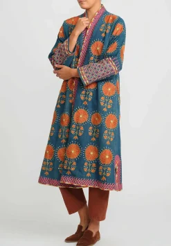 Mehmet Cetinkaya Antique Uzbek Silk Embroidered Chapan Robe In Blue & Coral Flowers