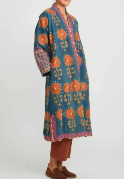 Mehmet Cetinkaya Antique Uzbek Silk Embroidered Chapan Robe In Blue & Coral Flowers