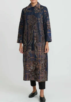 Biyan Applique Denim And Tweed Jacquard Coat In Navy Blue & Brown