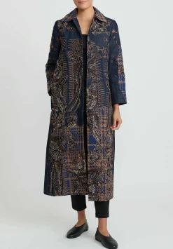 Biyan Applique Denim And Tweed Jacquard Coat In Navy Blue & Brown