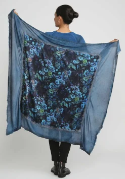Avant Toi Cashmere & Silk Quadrello Dark Flowers Scarf In Nero Turquoise