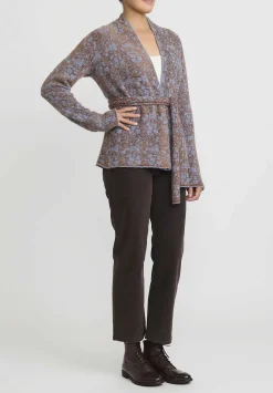 Lainey Keogh Cashmere Belted Velvet De Luxe Cardigan In Soft Blue & Chestnut