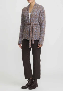 Lainey Keogh Cashmere Belted Velvet De Luxe Cardigan In Soft Blue & Chestnut