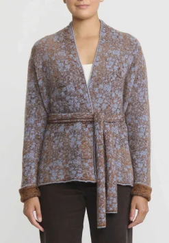 Lainey Keogh Cashmere Belted Velvet De Luxe Cardigan In Soft Blue & Chestnut