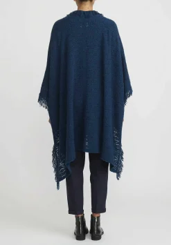 Lainey Keogh Cashmere Hand Knit Fringed Poncho In Fairisle Blue