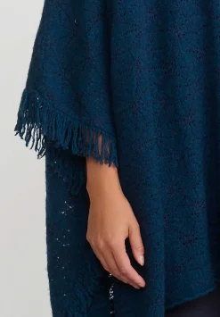 Lainey Keogh Cashmere Hand Knit Fringed Poncho In Fairisle Blue