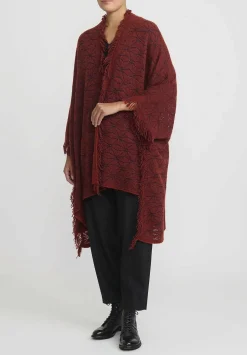 Lainey Keogh Cashmere Hand Knit Fringed Poncho In Harissa Red & Navy