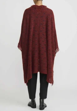 Lainey Keogh Cashmere Hand Knit Fringed Poncho In Harissa Red & Navy