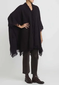 Lainey Keogh Cashmere Hand-Knit Fringed Poncho Cardigan In Black Currant & Chocolate Brown
