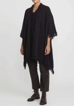 Lainey Keogh Cashmere Hand-Knit Fringed Poncho Cardigan In Black Currant & Chocolate Brown