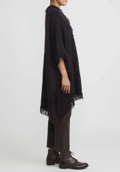 Lainey Keogh Cashmere Hand-Knit Fringed Poncho Cardigan In Black Currant & Chocolate Brown
