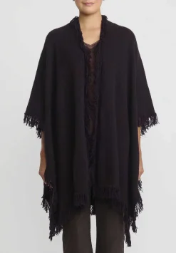 Lainey Keogh Cashmere Hand-Knit Fringed Poncho Cardigan In Black Currant & Chocolate Brown