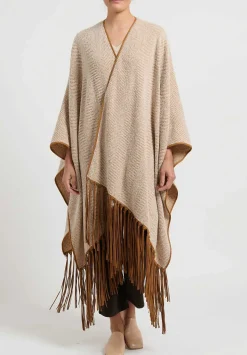 Alonpi Cashmere Herringbone ''Ariete Mantella Frange'' Cape In Brown & Cream