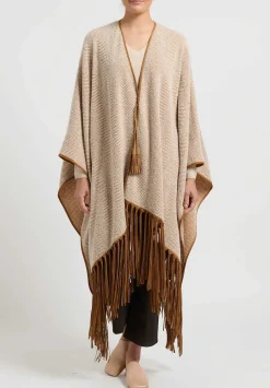 Alonpi Cashmere Herringbone ''Ariete Mantella Frange'' Cape In Brown & Cream