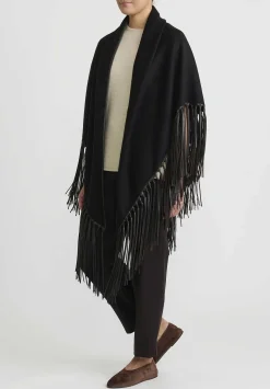Alonpi Cashmere ''Mantello Triangolo'' Shawl With Leather Fringe In Black/Brown