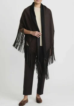 Alonpi Cashmere ''Mantello Triangolo'' Shawl With Leather Fringe In Black/Brown