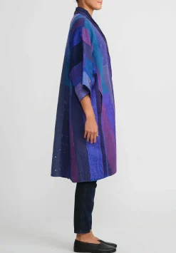 Mieko Mintz Cotton & Silk A-Line Duster In Stripe & Chech Blue