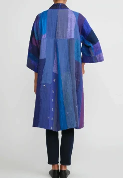 Mieko Mintz Cotton & Silk A-Line Duster In Stripe & Chech Blue