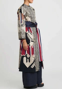 Biyan Cotton & Silk Embroidered Long Rilamaya Coat In Dark Navy Blue