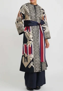 Biyan Cotton & Silk Embroidered Long Rilamaya Coat In Dark Navy Blue