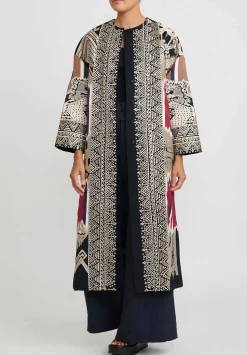 Biyan Cotton & Silk Embroidered Long Rilamaya Coat In Dark Navy Blue