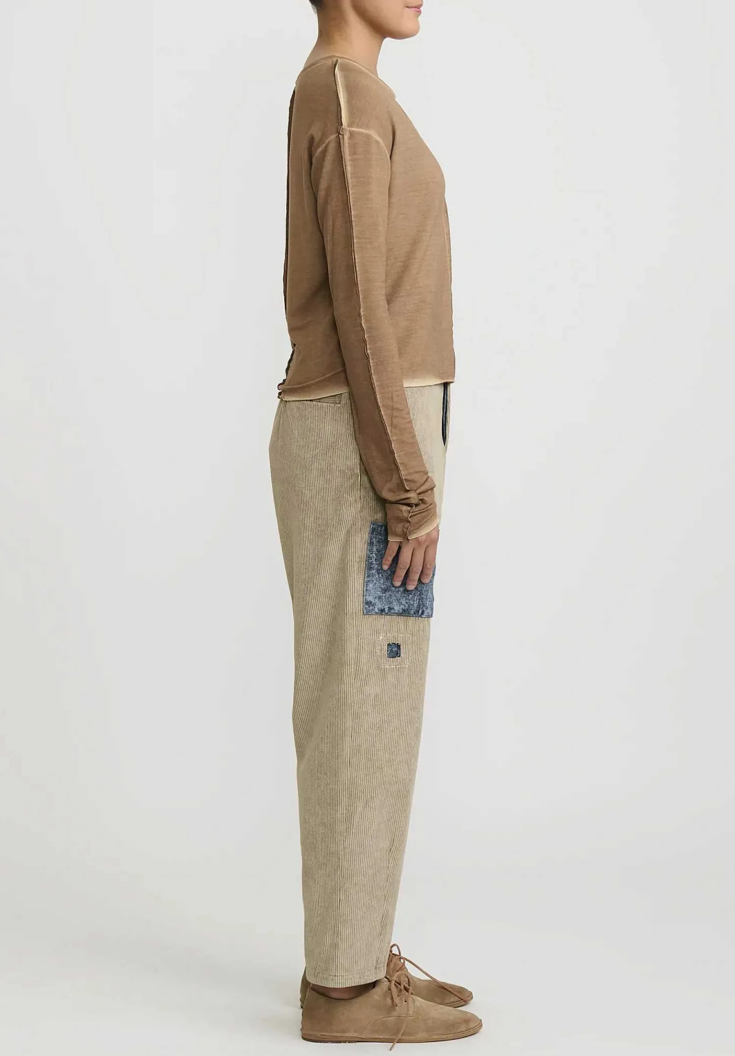 Umit Unal Cotton Corduroy Patch Drop Crotch Pants In Natural & Denim