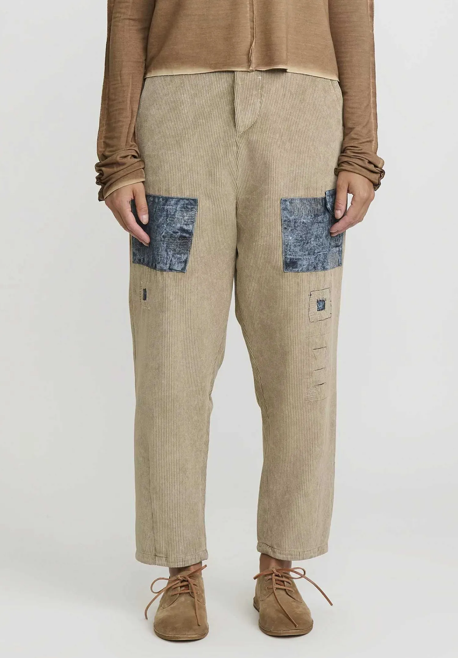 Umit Unal Cotton Corduroy Patch Drop Crotch Pants In Natural & Denim