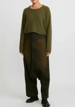 Rundholz Dip Cotton Denim Distressed Drop Crotch Jeans In Khaki Green
