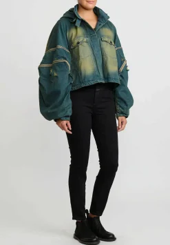 Rundholz Dip Cotton Distressed Denim Jacket With Exaggerated Zipper Sleeves In Schilf Blue
