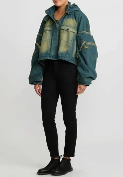 Rundholz Dip Cotton Distressed Denim Jacket With Exaggerated Zipper Sleeves In Schilf Blue